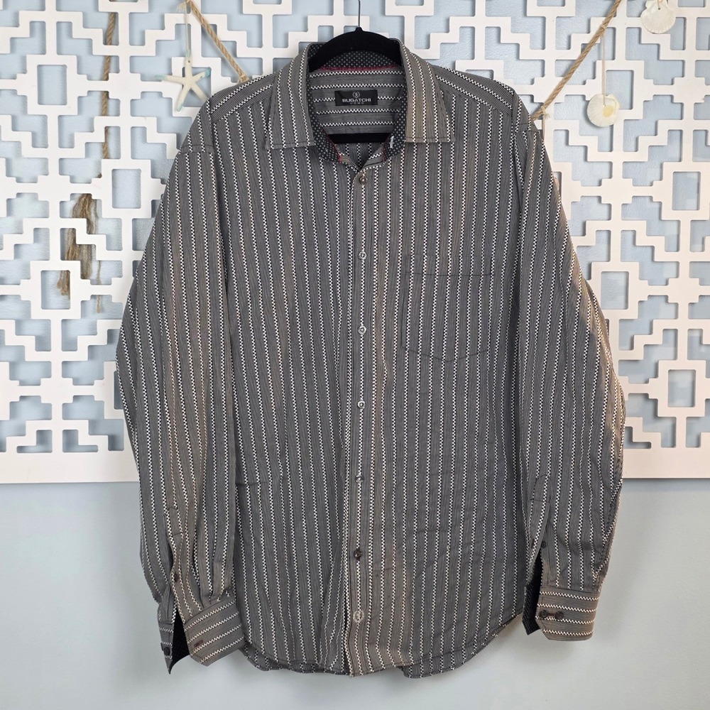 Bugatchi Uomo Mens XL Black White Striped Long Sleeve Button Down Cotton Shirt